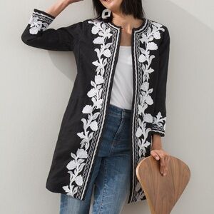 Chico’s linen novelty 3/4 sleeve topper jacket black w/white embroidery New 8